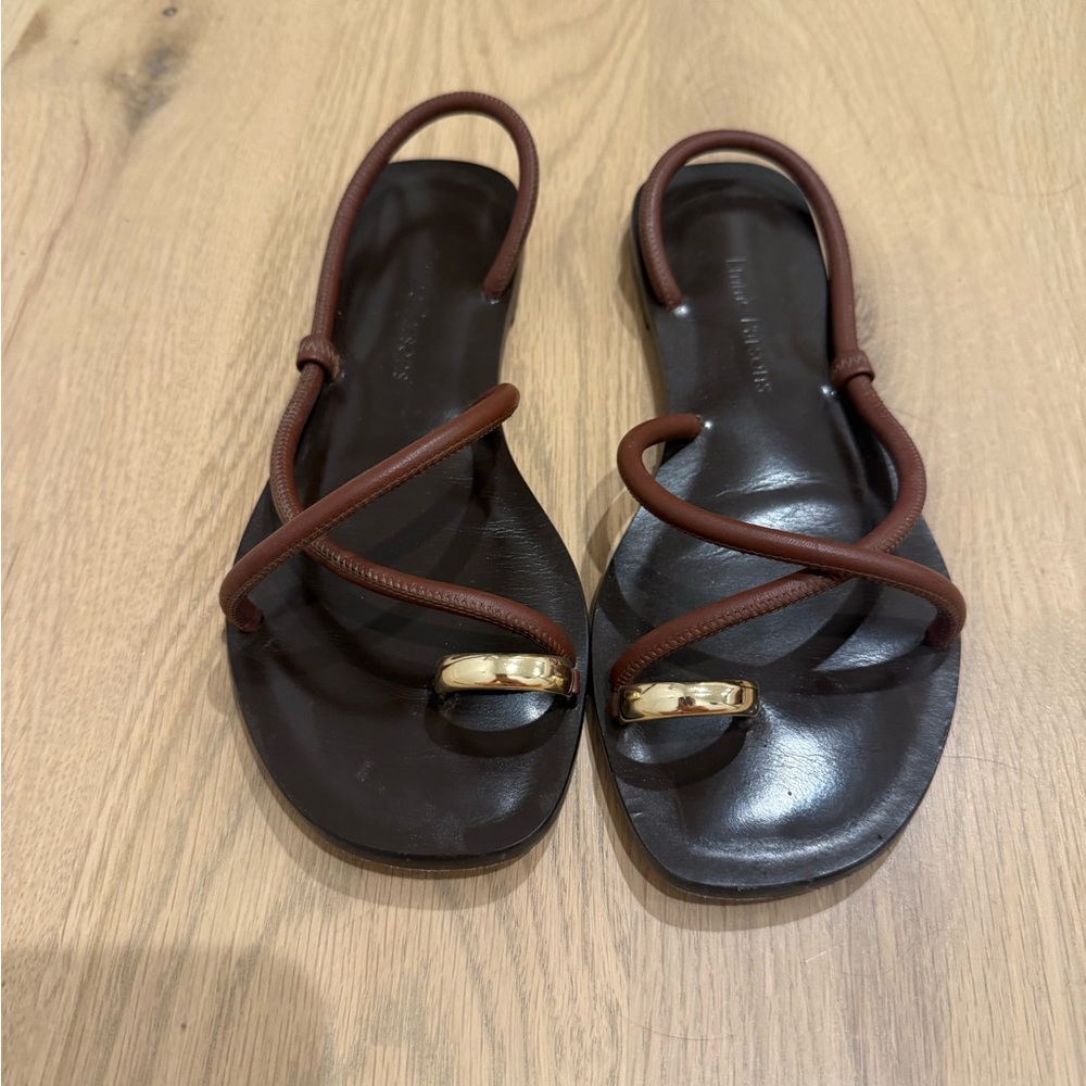 Emme Parsons Laura Brown Leather Sandals with Gold Accents - 2024 season